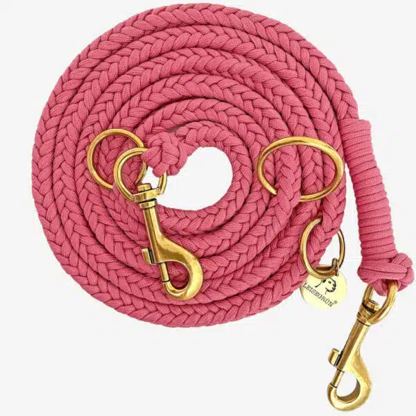 Geflochtene Paracord Hundeleine in Rosa mit messingfarbenen Karabinern und Ringen, 2 Meter lang und dreifach verstellbar