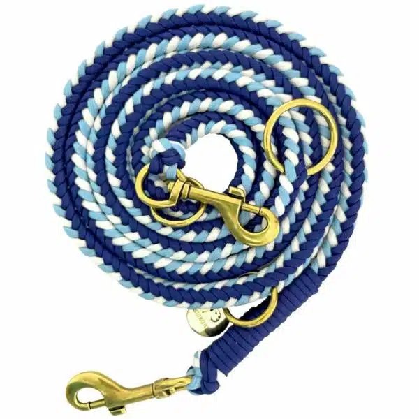 Geflochtene Paracord Hundeleine in Blau, Hellblau und Weiss mit messingfarbenen Karabinern und Ringen, 2 Meter lang und dreifach verstellbar