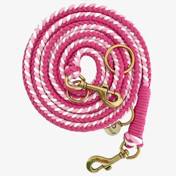 Geflochtene Paracord Hundeleine in Rot, Rosa und weiss mit messingfarbenen Karabinern und Ringen, 2 Meter lang und dreifach verstellbar