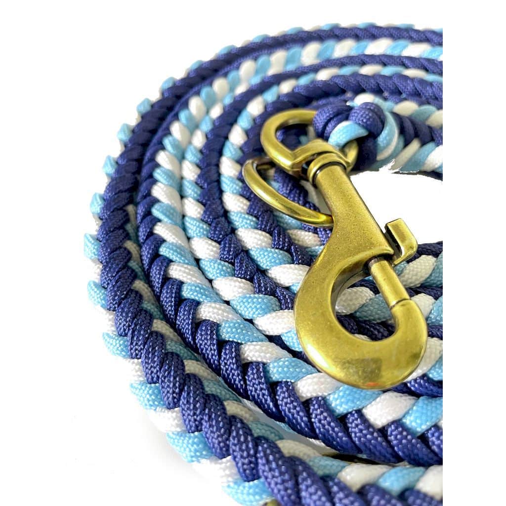 Detail des goldfarbenen Karabinerhakens an der geflochtenen Leine.