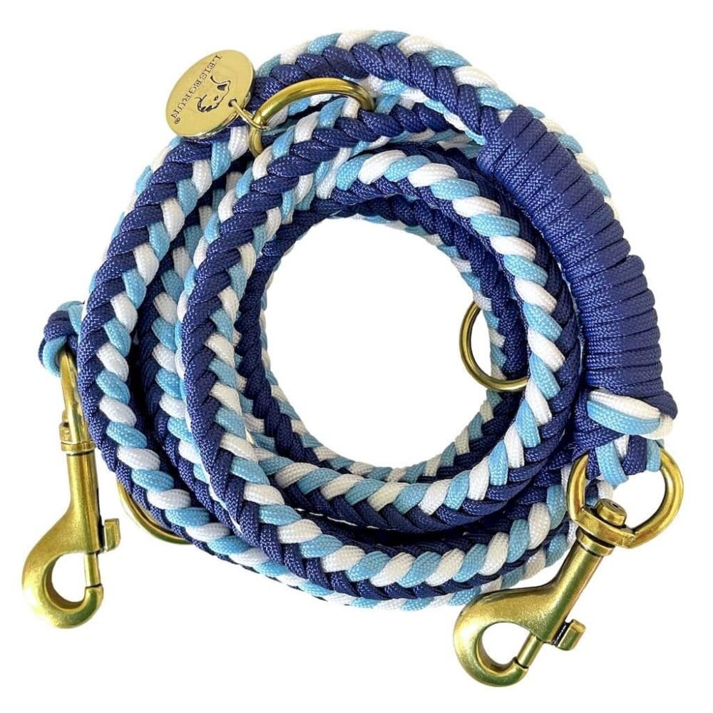 Aufgerollte Paracord-Leine in Blau, Hellblau und Weiß mit goldenen Karabinern.