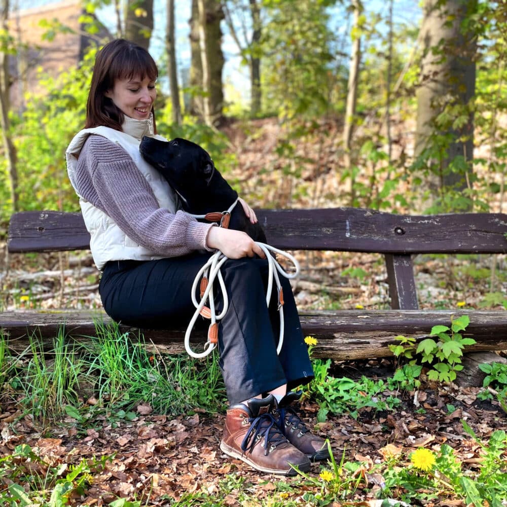 Nylon Hundeleine 2 m lang, sandfarben mit zwei Karabinern und Lederverstärkungen