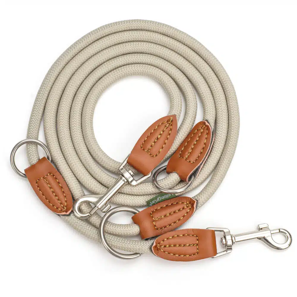 Nylon Hundeleine 2 m lang, sandfarben mit zwei Karabinern und Lederverstärkungen