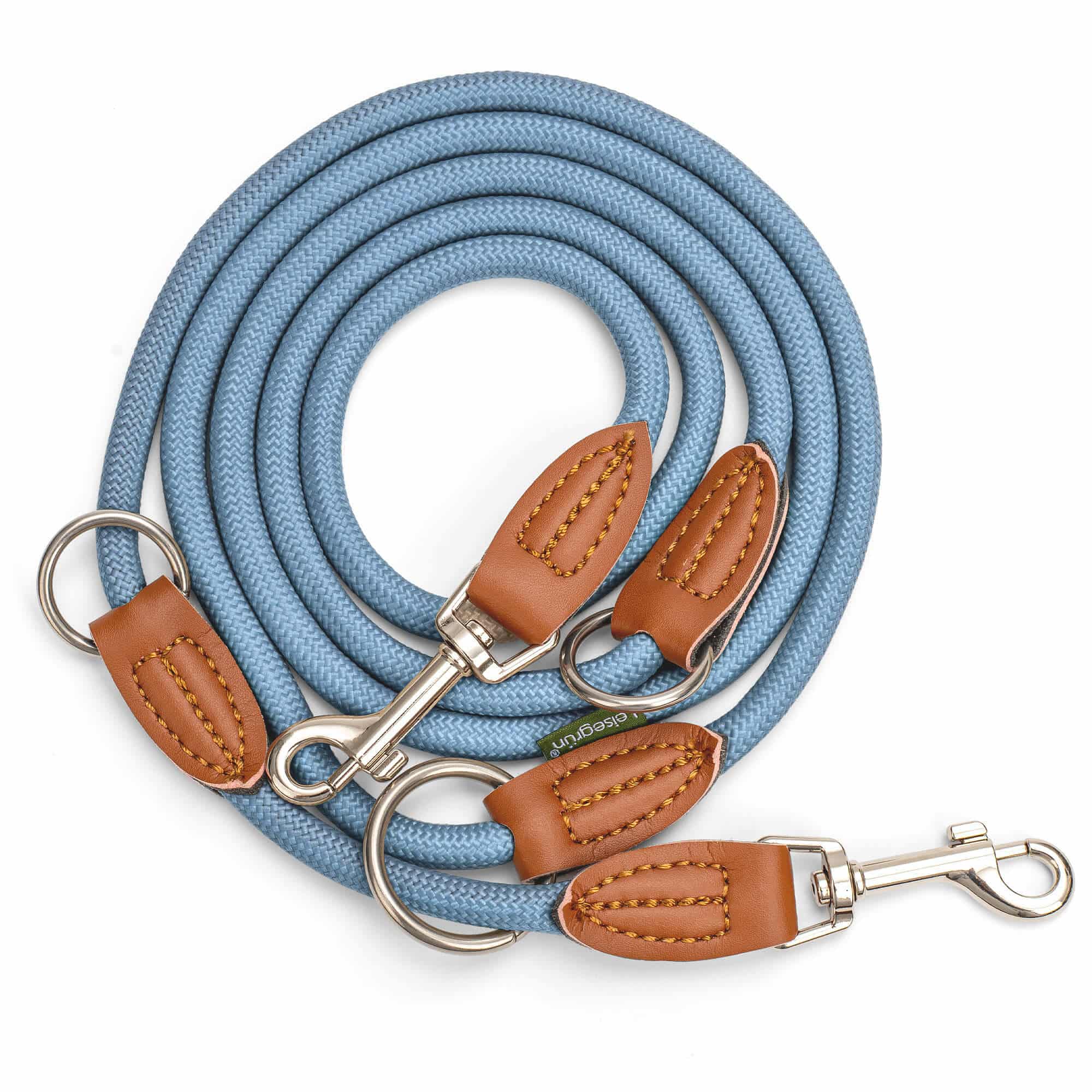 Nylon Hundeleine 2 m in hellem Blau mit zwei Karabinern und Lederverstärkungen