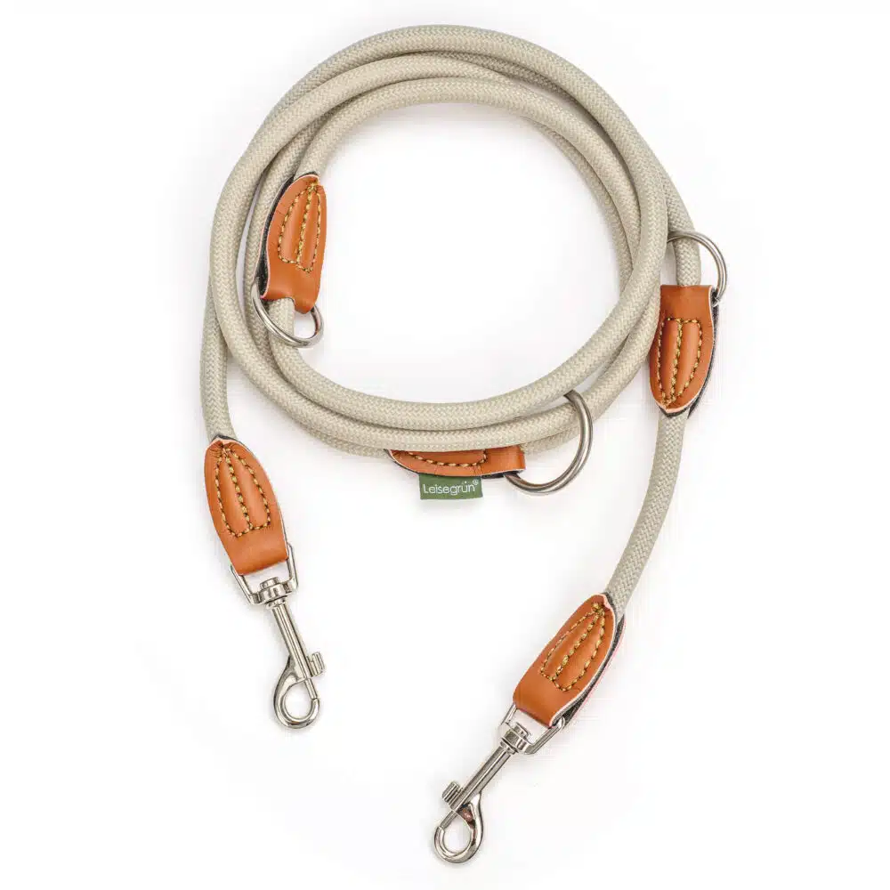 Nylon Hundeleine 2 m lang, sandfarben mit zwei Karabinern und Lederverstärkungen