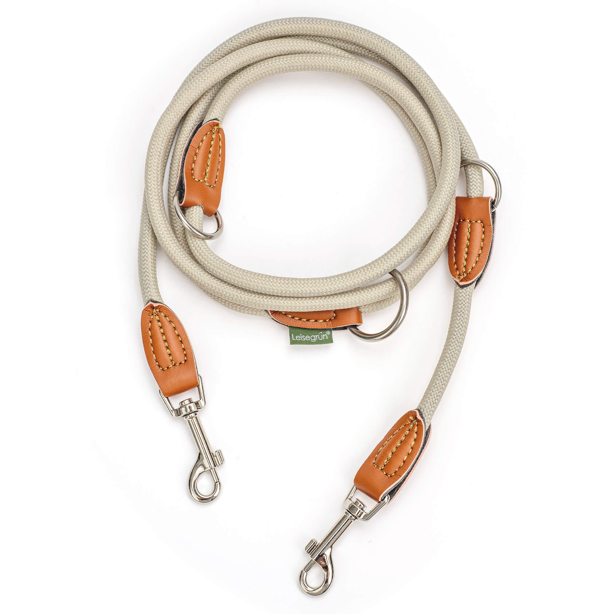 Nylon Hundeleine 2 m lang, sandfarben mit zwei Karabinern und Lederverstärkungen