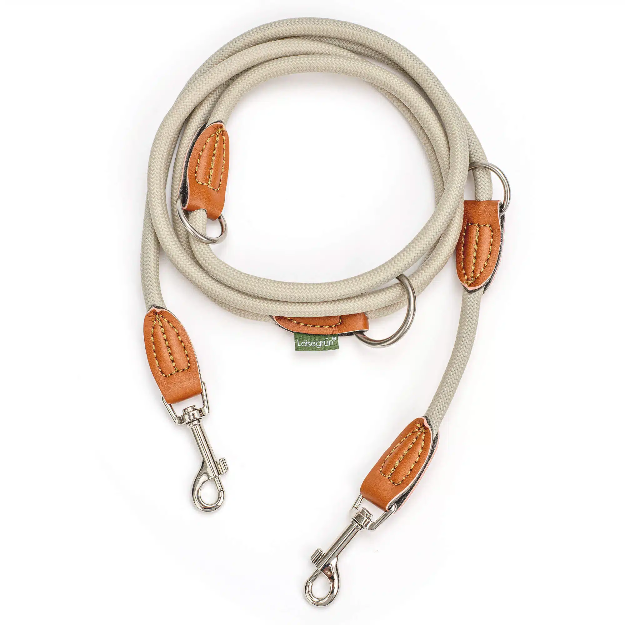 Nylon Hundeleine 2 m lang, sandfarben mit zwei Karabinern und Lederverstärkungen