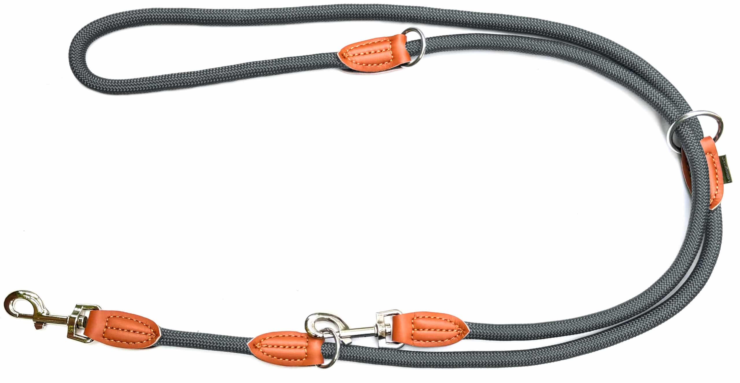 Nylon Hundeleine 2 m lang, in grau mit zwei Karabinern und Lederverstärkungen