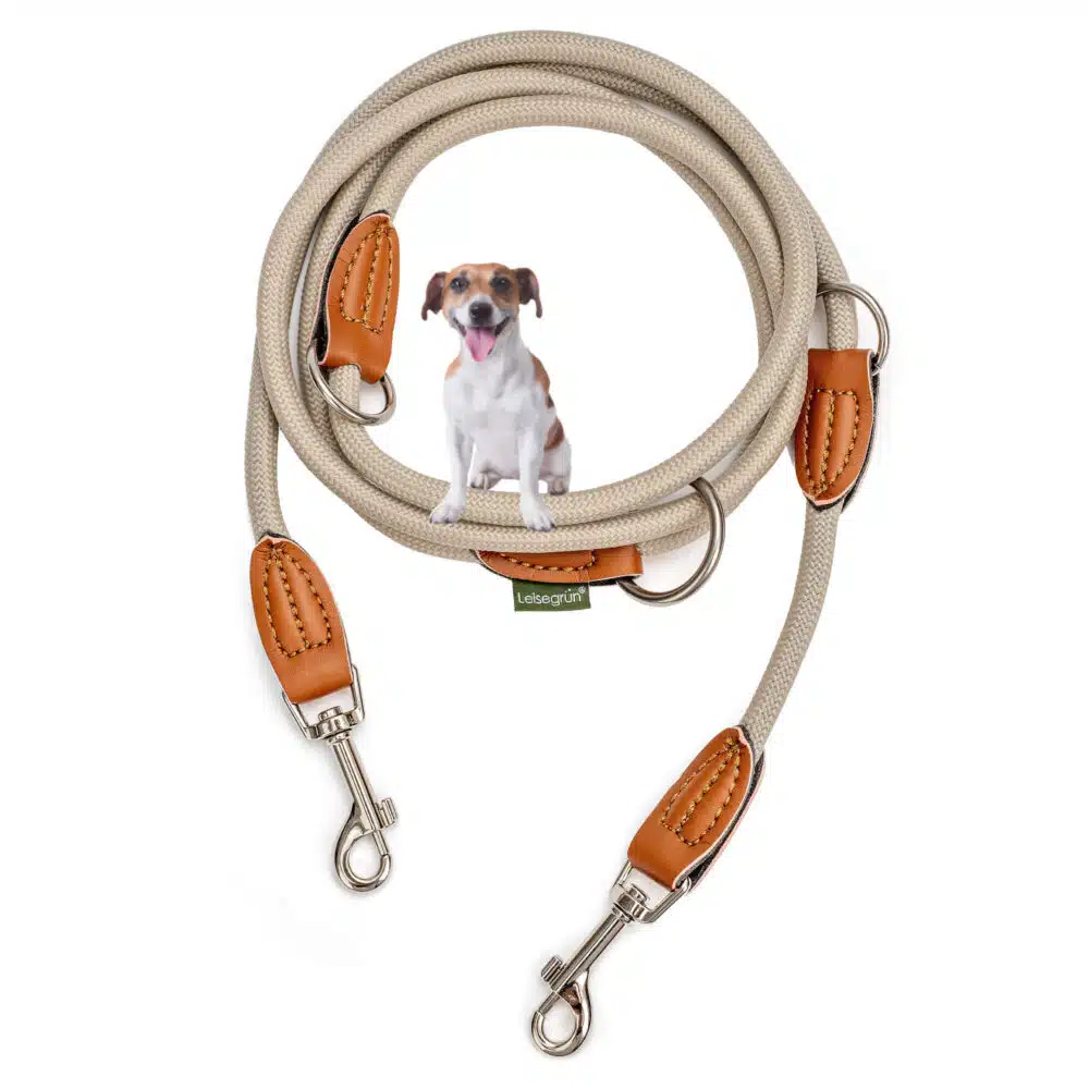 Nylon Hundeleine 2 m lang, sandfarben mit zwei Karabinern und Lederverstärkungen