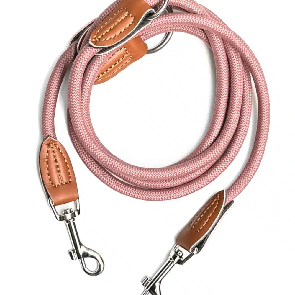 Nylon Hundeleine 2 m lang, in Altrosa mit zwei Karabinern und Lederverstärkungen