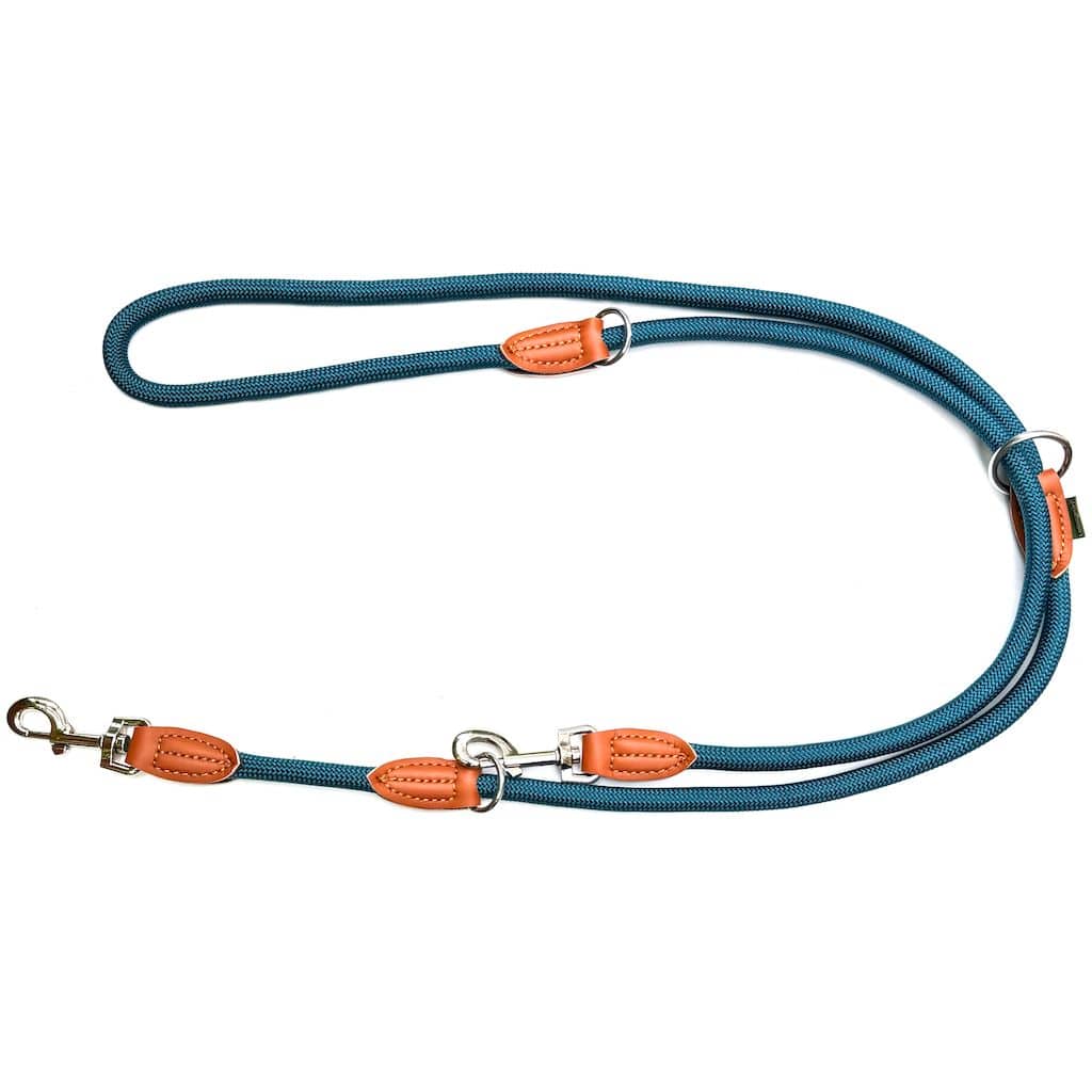 Nylon Hundeleine 2 m in Blau mit zwei Karabinern und Lederverstärkungen