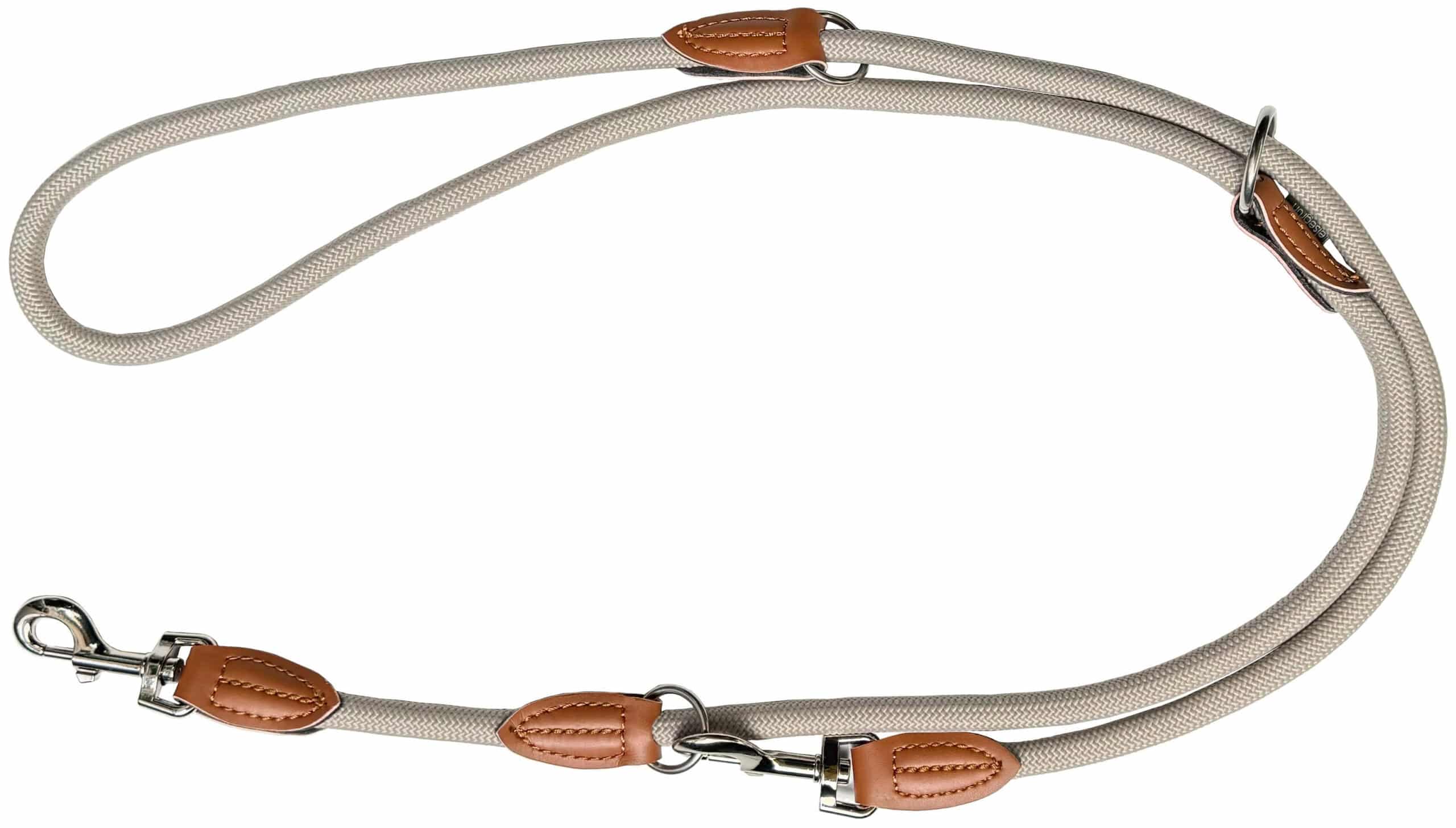 Nylon Hundeleine 2 m lang, sandfarben mit zwei Karabinern und Lederverstärkungen