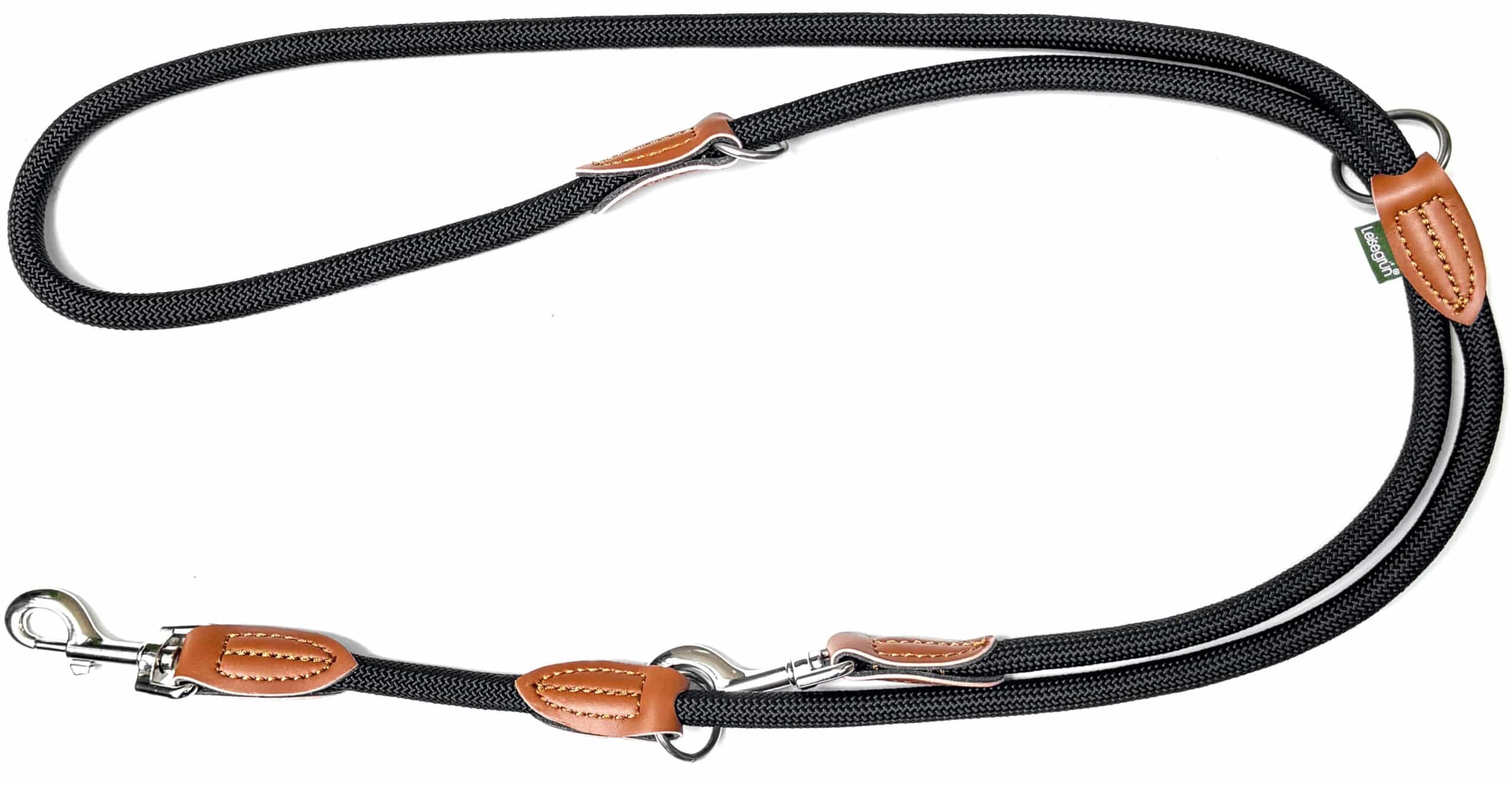 Nylon Hundeleine 2 m lang, in Schwarz mit zwei Karabinern und Lederverstärkungen