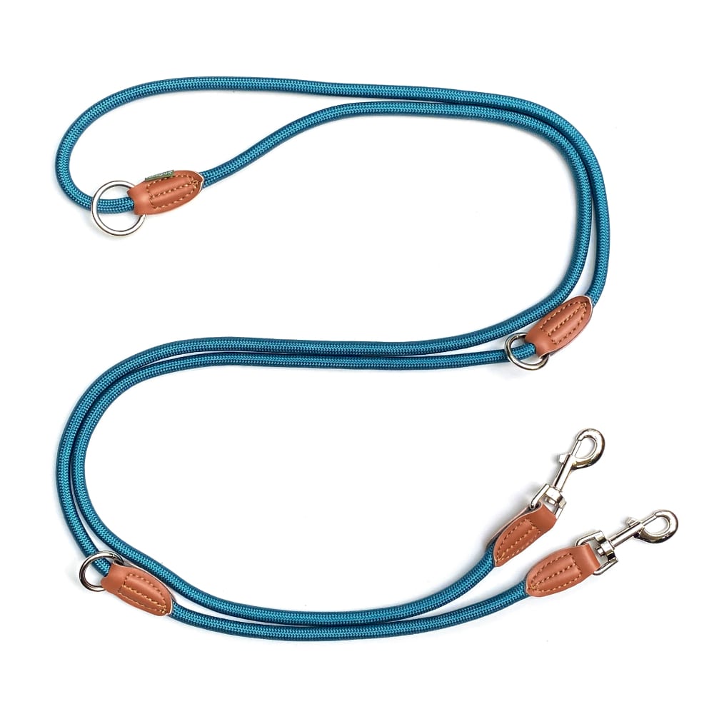 petrolfarbene verstellbare Tau-Hundeleine mit Lederdetails und zwei Karabinern
