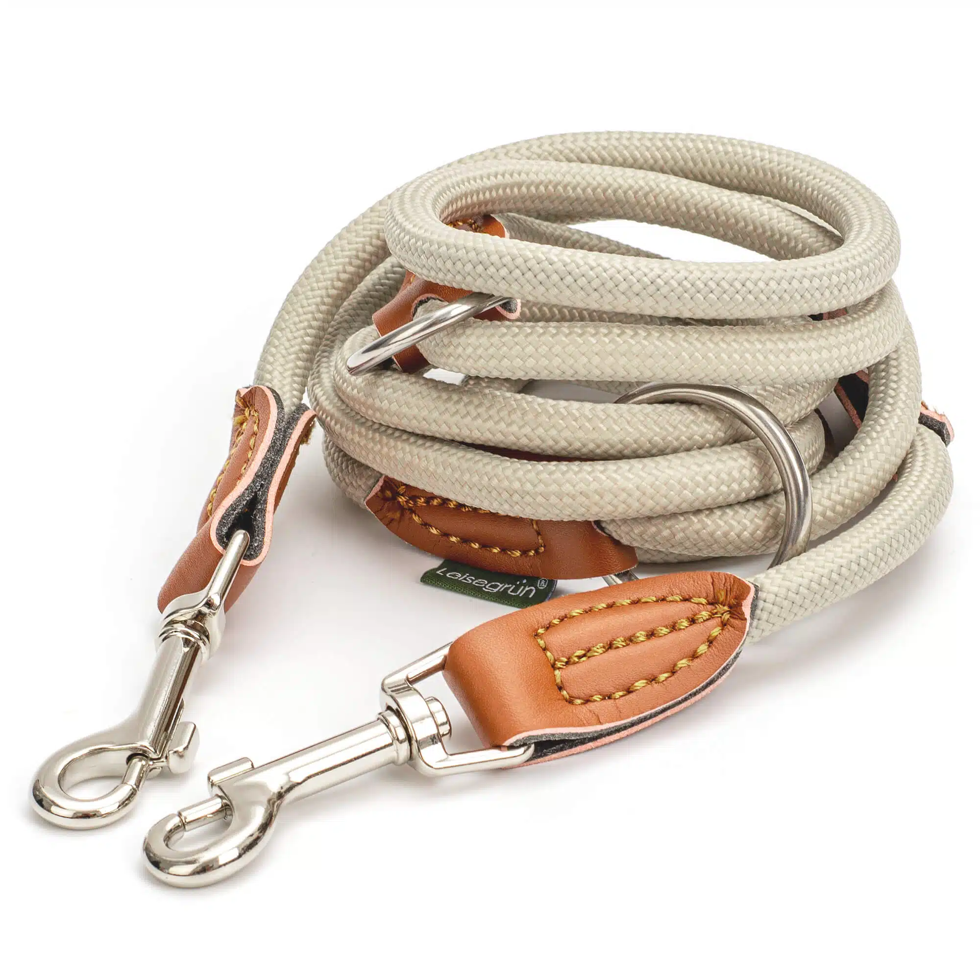 Nylon Hundeleine 2 m lang, sandfarben mit zwei Karabinern und Lederverstärkungen