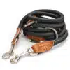 Nylon Hundeleine 2 m lang, in Schwarz mit zwei Karabinern und Lederverstärkungen