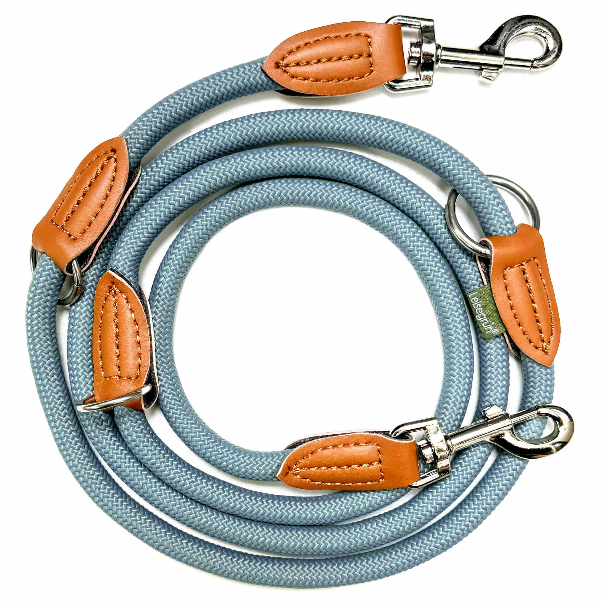 Nylon Hundeleine 2 m in hellem Blau mit zwei Karabinern und Lederverstärkungen