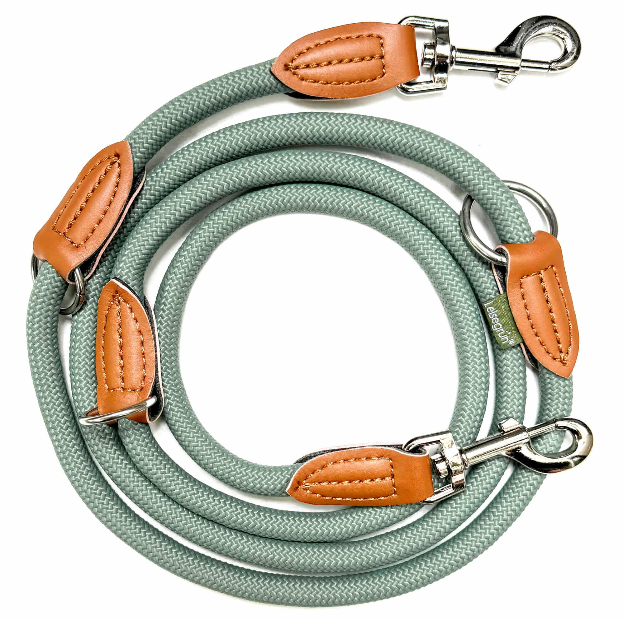 Nylon Hundeleine 2 m in hellem Grün mit zwei Karabinern und Lederverstärkungen