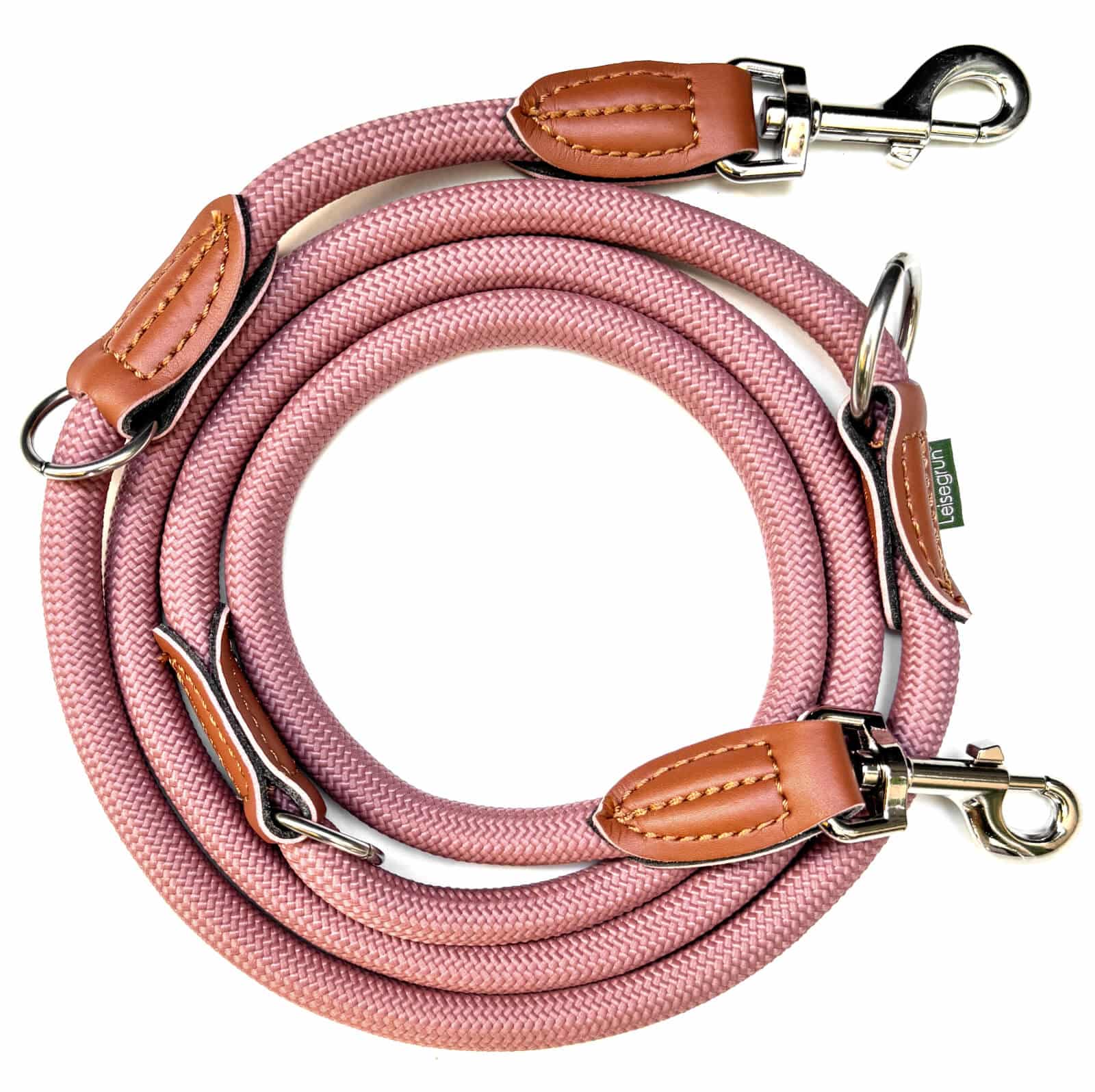 Nylon Hundeleine 2 m lang, in Altrosa mit zwei Karabinern und Lederverstärkungen