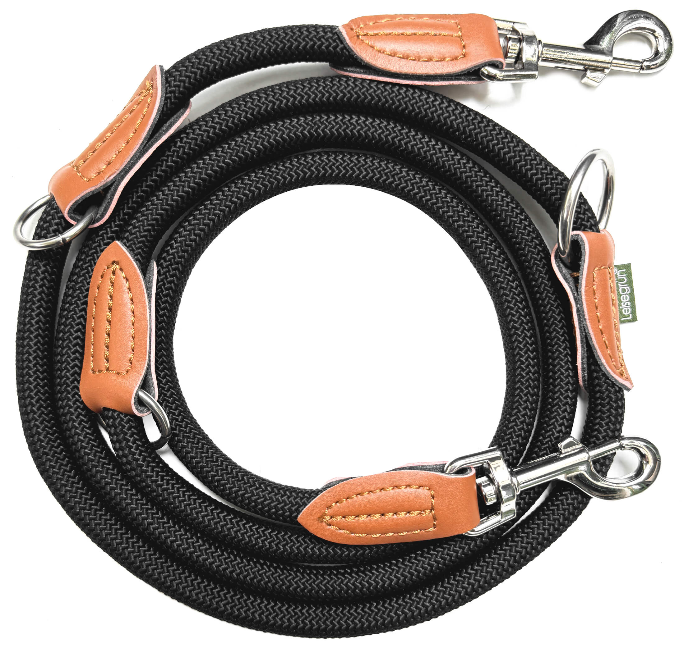 Nylon Hundeleine 2 m lang, in Schwarz mit zwei Karabinern und Lederverstärkungen