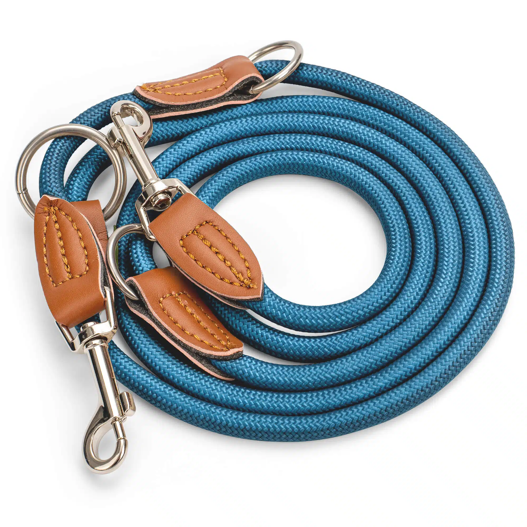 Nylon Hundeleine 2 m in Blau mit zwei Karabinern und Lederverstärkungen