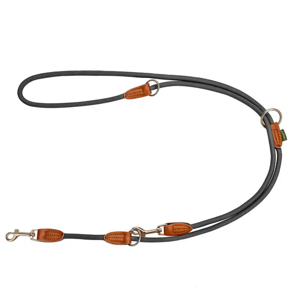 Nylon Hundeleine 2 m lang, in grau mit zwei Karabinern und Lederverstärkungen