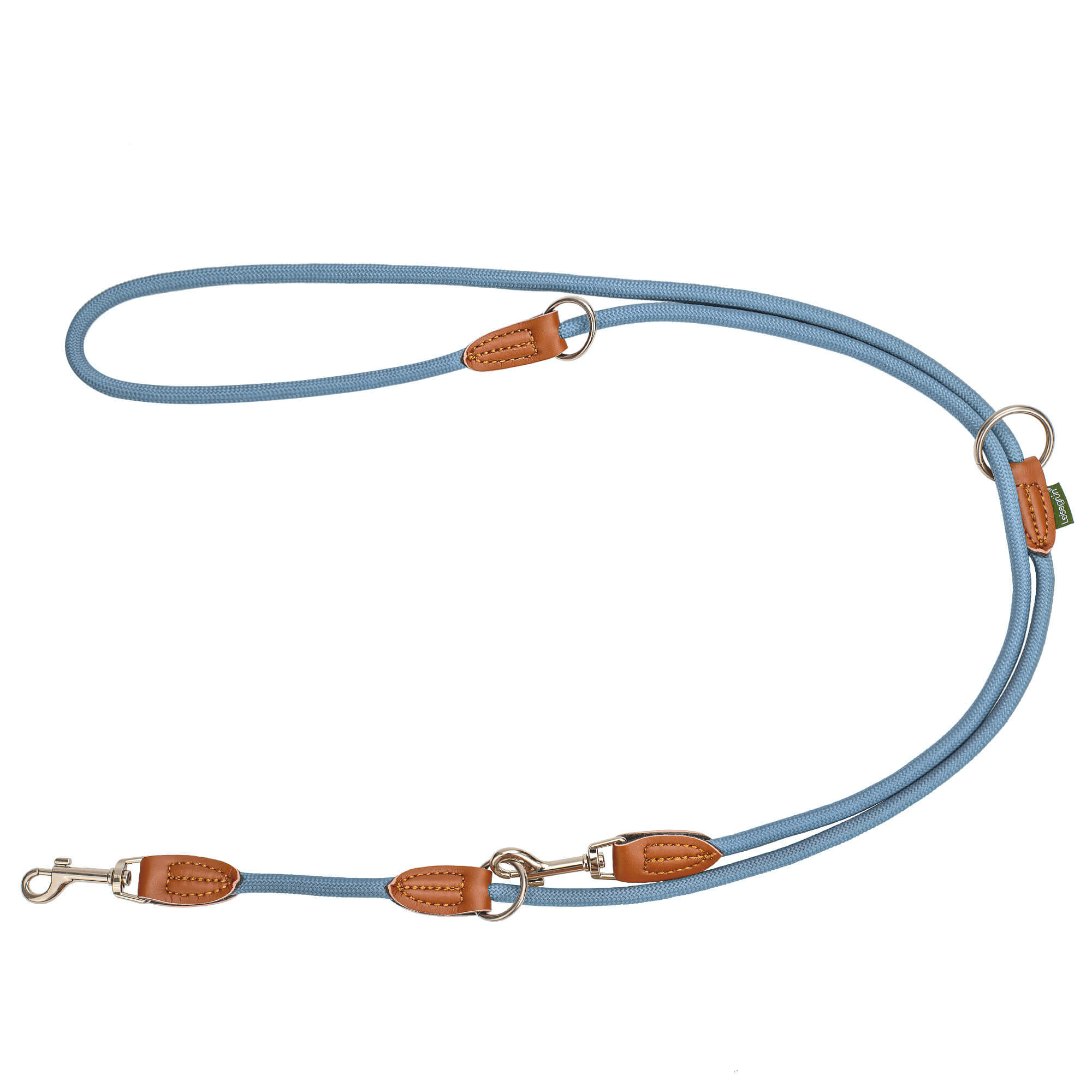 Nylon Hundeleine 2 m in hellem Blau mit zwei Karabinern und Lederverstärkungen