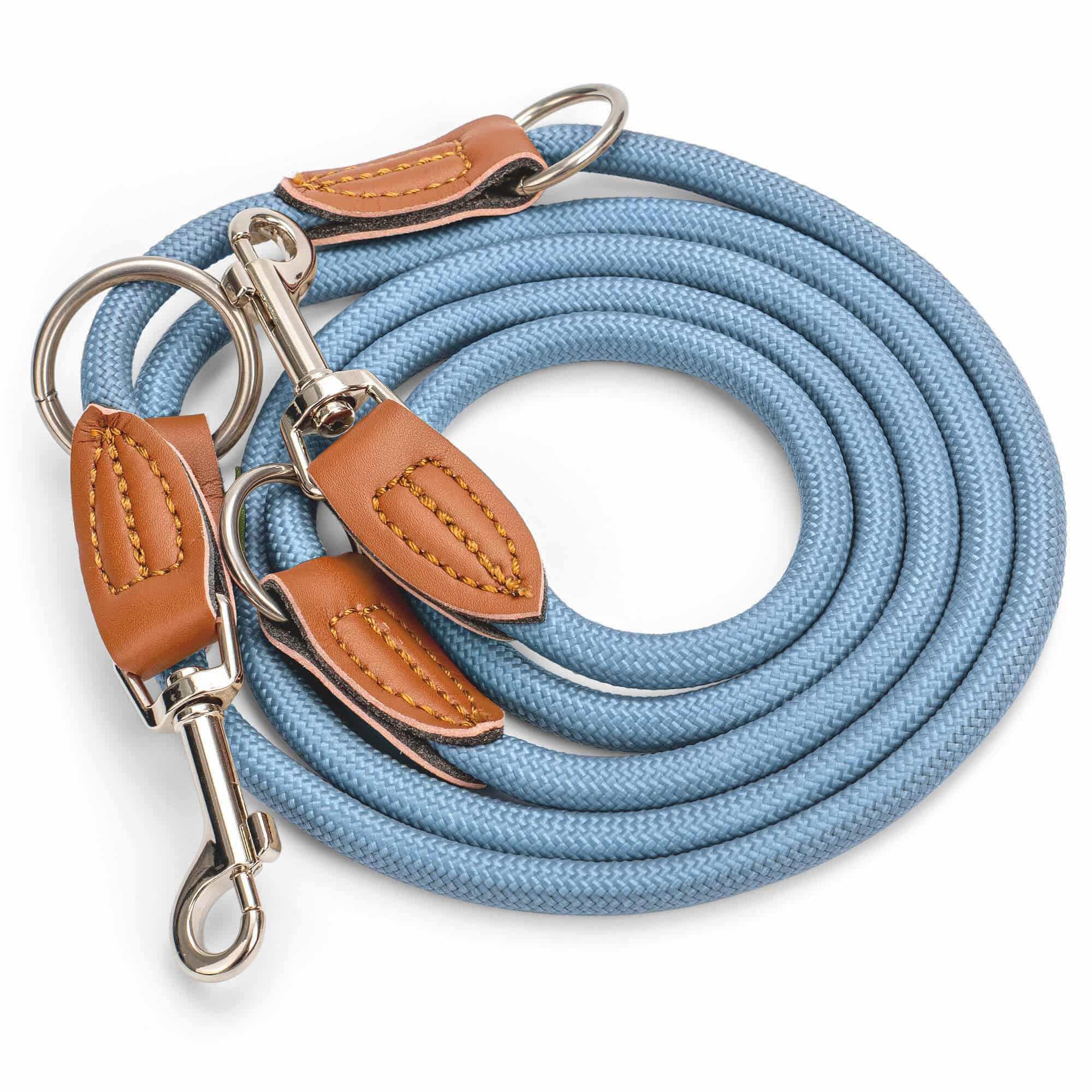 Nylon Hundeleine 2 m in hellem Blau mit zwei Karabinern und Lederverstärkungen