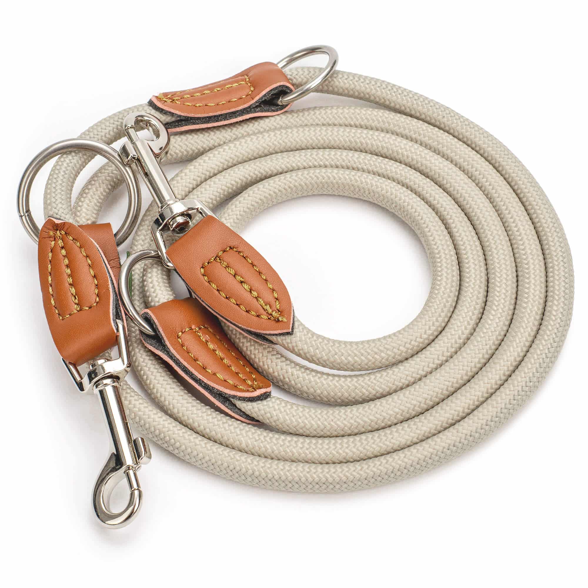 Nylon Hundeleine 2 m lang, sandfarben mit zwei Karabinern und Lederverstärkungen