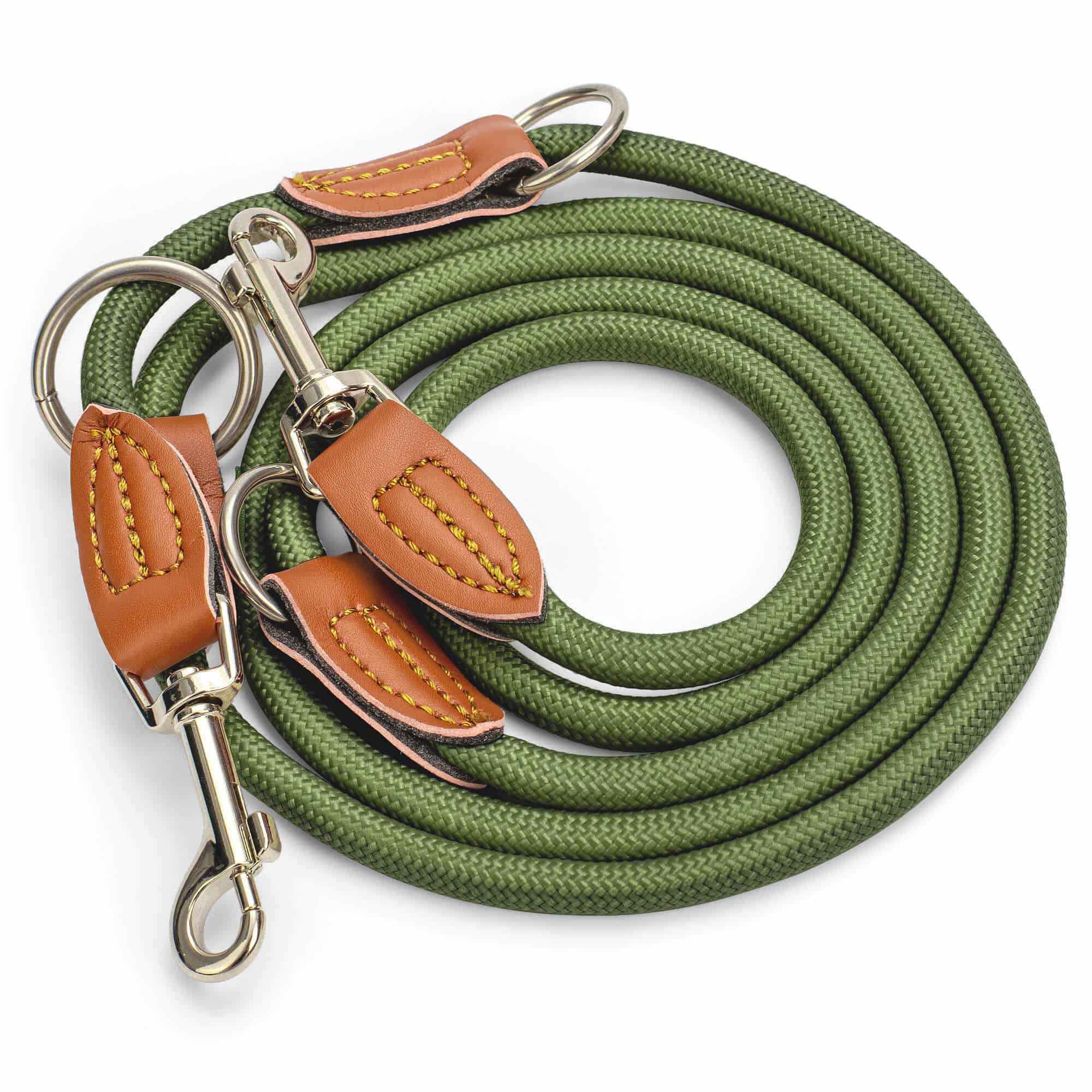 Nylon Hundeleine 2 m lang, in Olivgrün mit zwei Karabinern und Lederverstärkungen