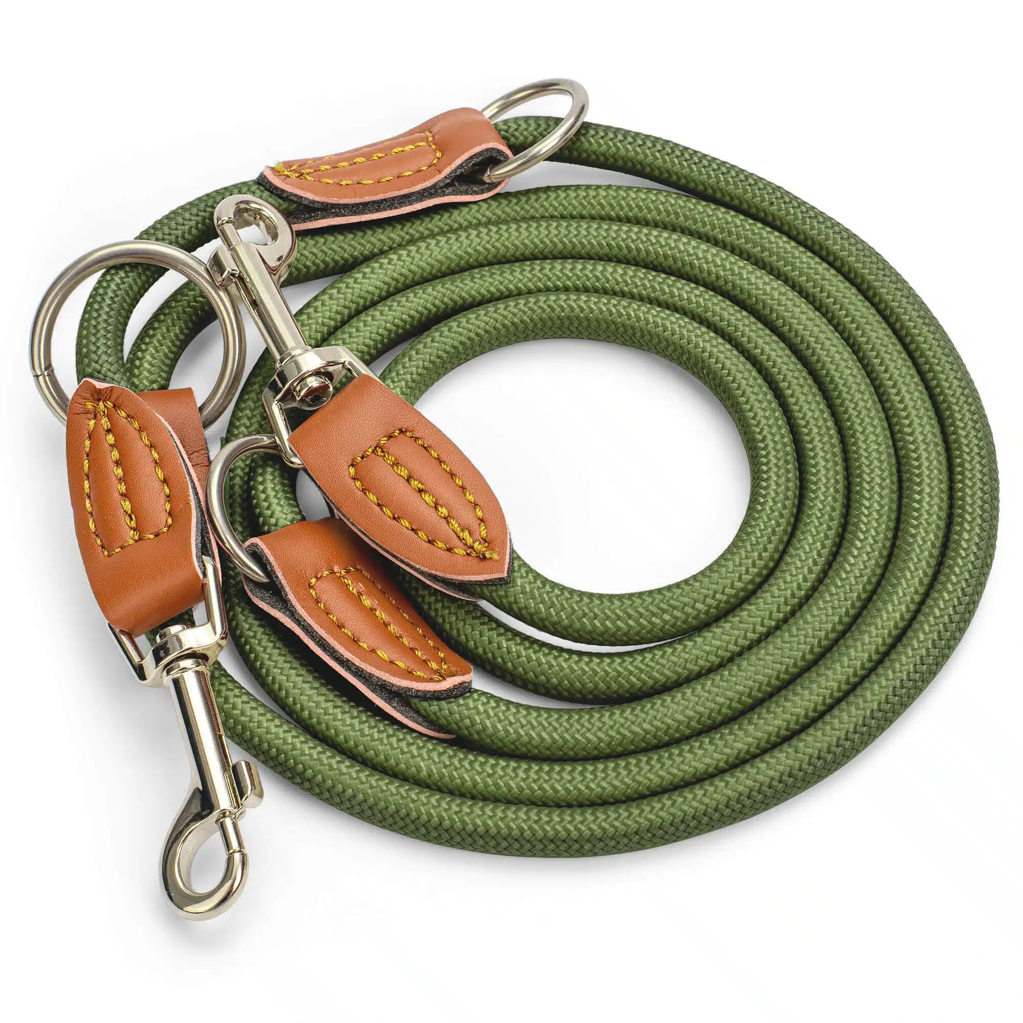 Nylon Hundeleine 2 m lang, in Olivgrün mit zwei Karabinern und Lederverstärkungen