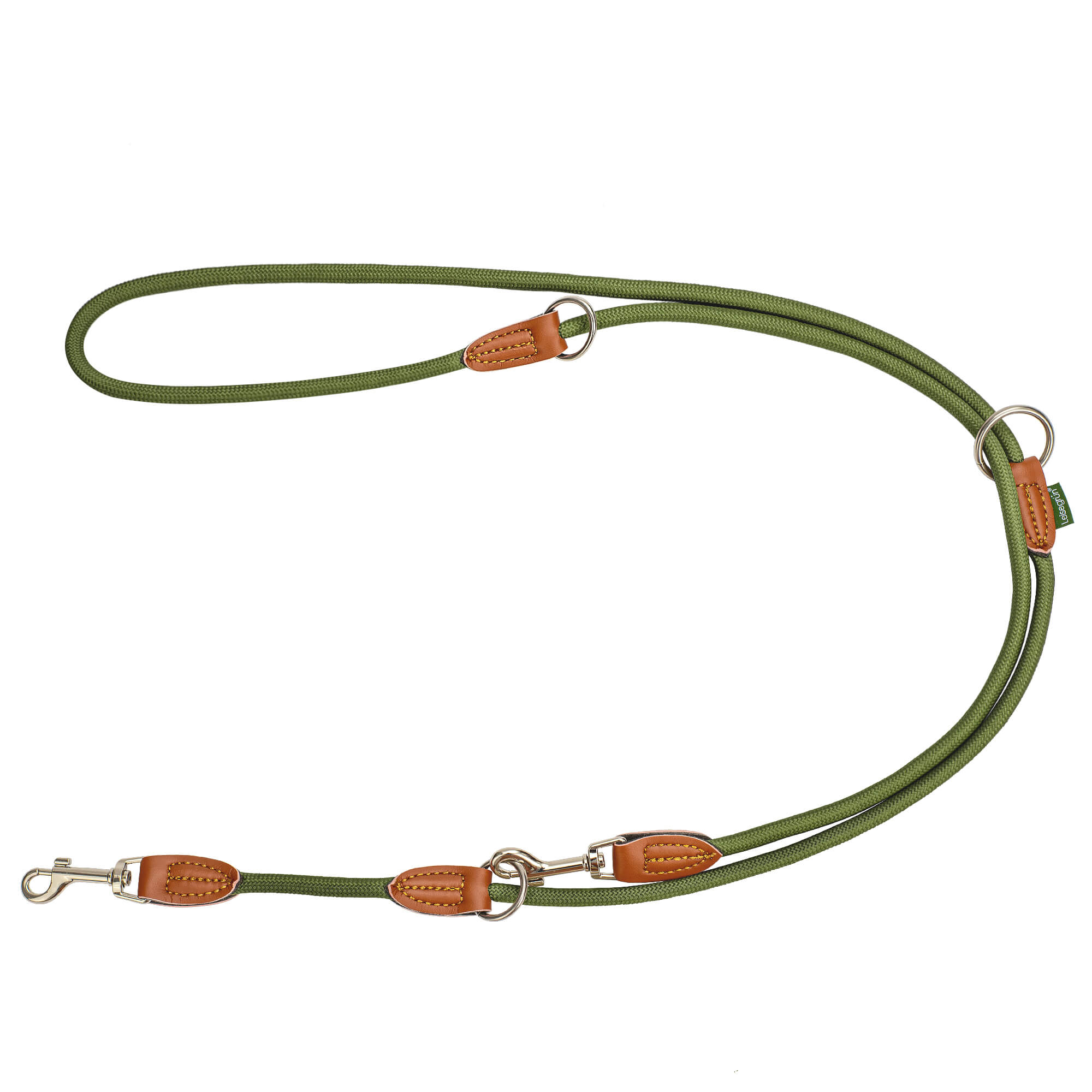 Nylon Hundeleine 2 m lang, in Olivgrün mit zwei Karabinern und Lederverstärkungen