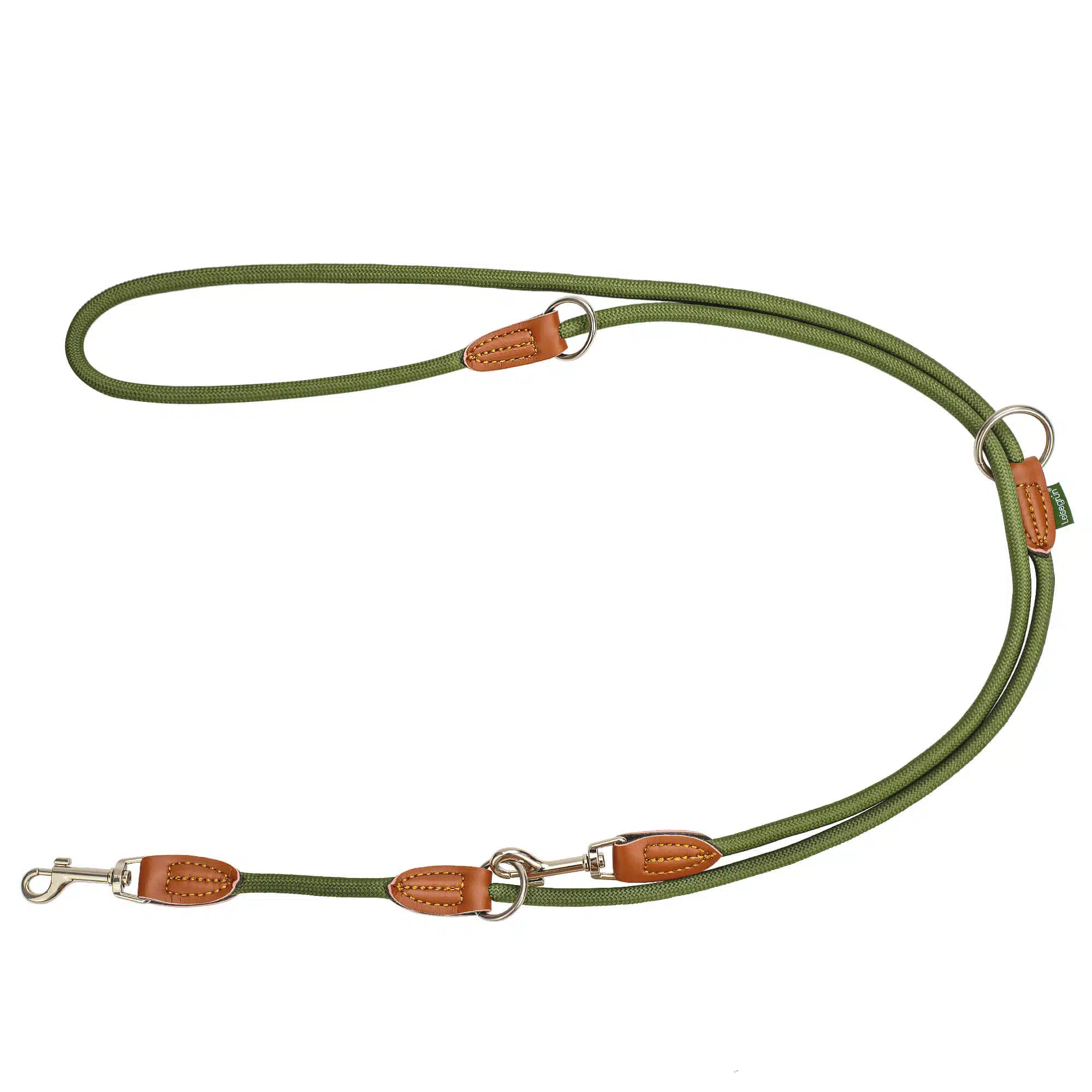 Nylon Hundeleine 2 m lang, in Olivgrün mit zwei Karabinern und Lederverstärkungen