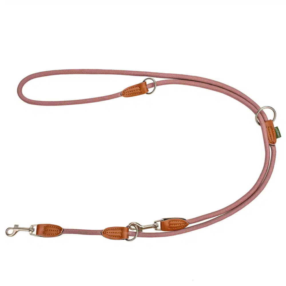 Nylon Hundeleine 2 m lang, in Altrosa mit zwei Karabinern und Lederverstärkungen