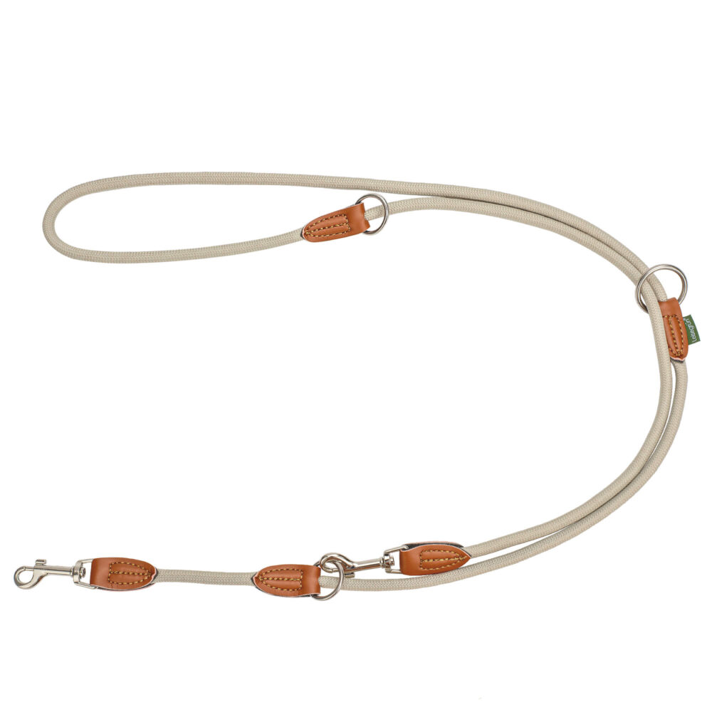 Nylon Hundeleine 2 m lang, sandfarben mit zwei Karabinern und Lederverstärkungen