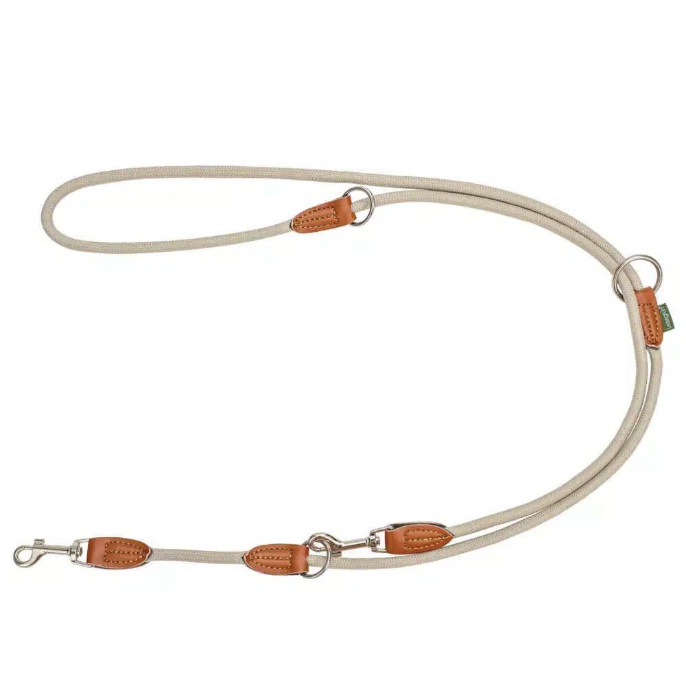 Nylon Hundeleine 2 m lang, sandfarben mit zwei Karabinern und Lederverstärkungen