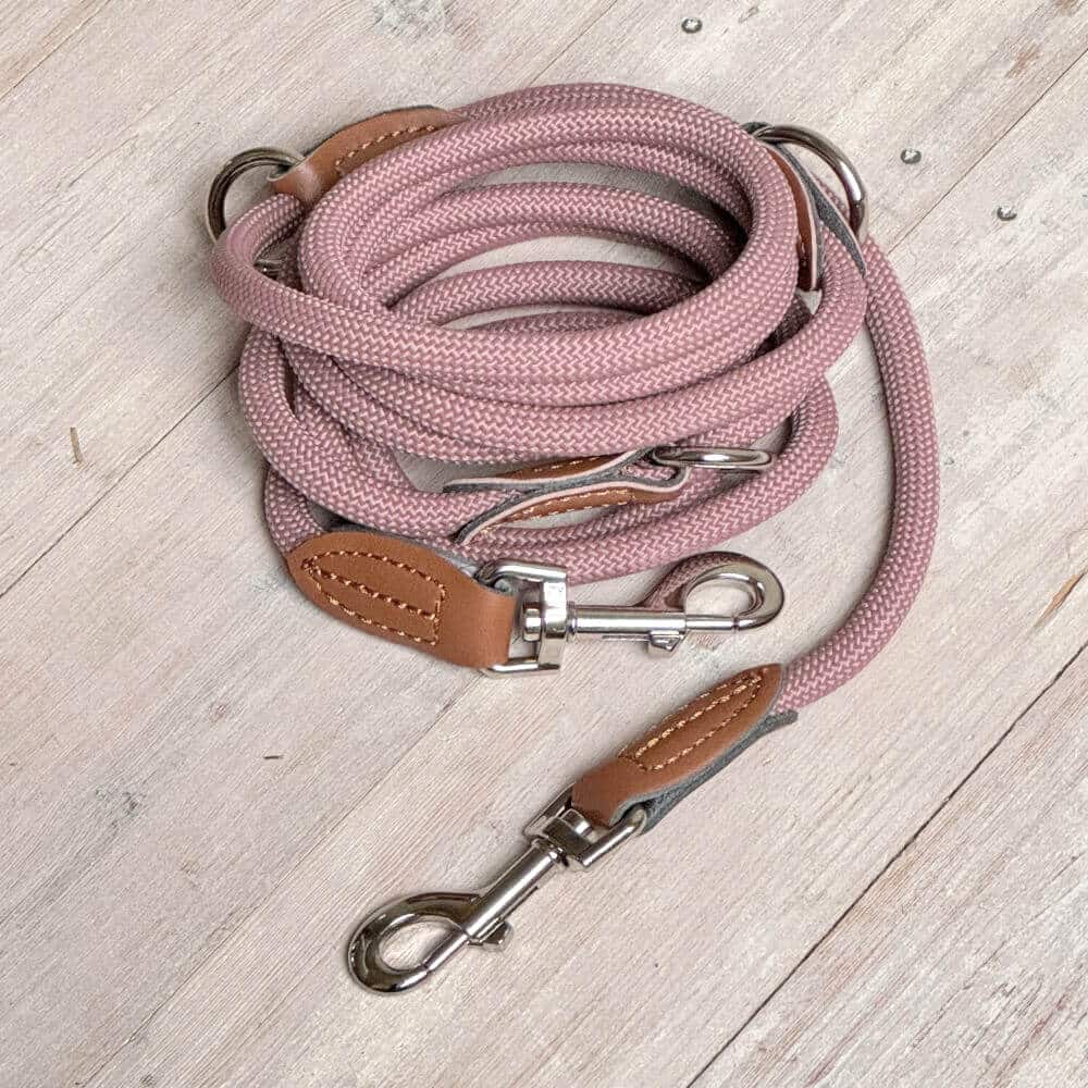 Nylon Hundeleine 2 m lang, in Altrosa mit zwei Karabinern und Lederverstärkungen