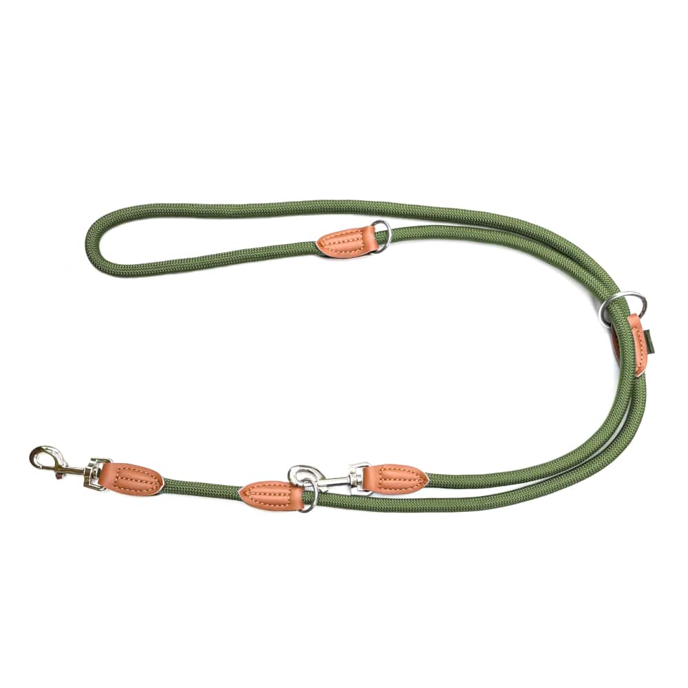 Nylon Hundeleine 2 m lang, in Olivgrün mit zwei Karabinern und Lederverstärkungen