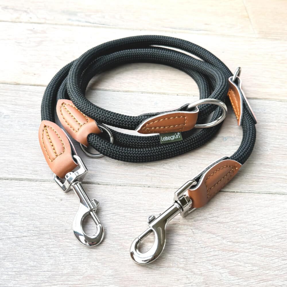 Nylon Hundeleine 2 m lang, in Schwarz mit zwei Karabinern und Lederverstärkungen
