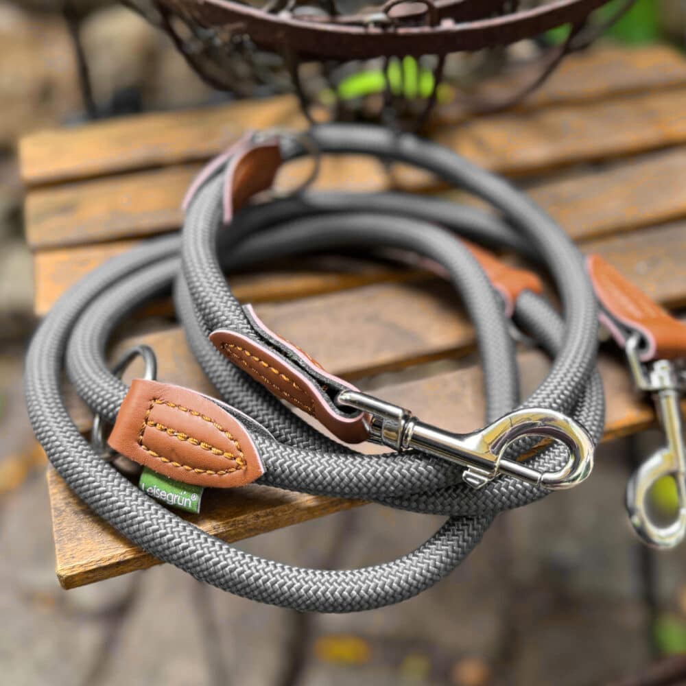 Nylon Hundeleine 2 m lang, in grau mit zwei Karabinern und Lederverstärkungen